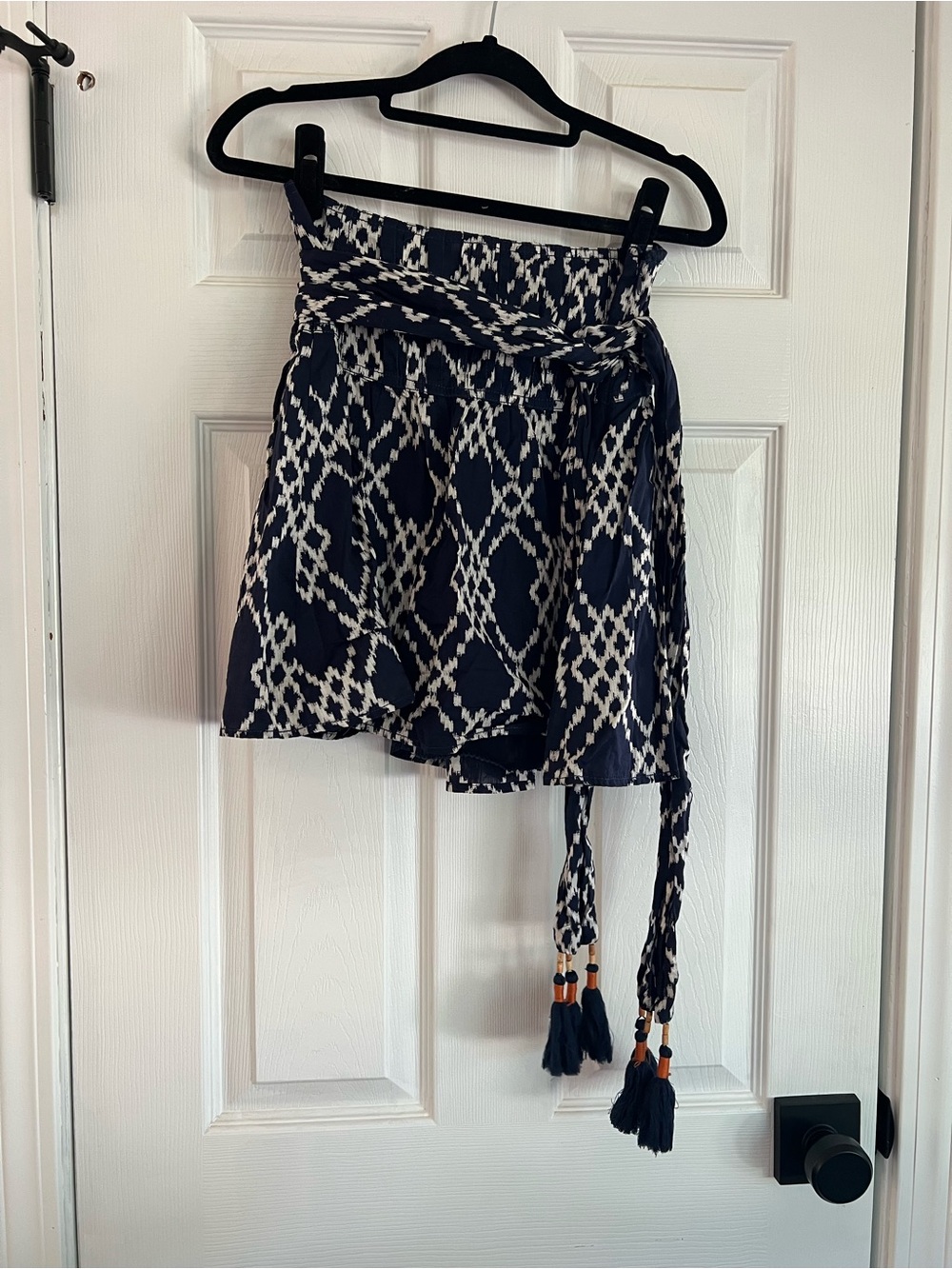 Anthropologie Navy and White Patterned Mini Skirt with Tassel Tie